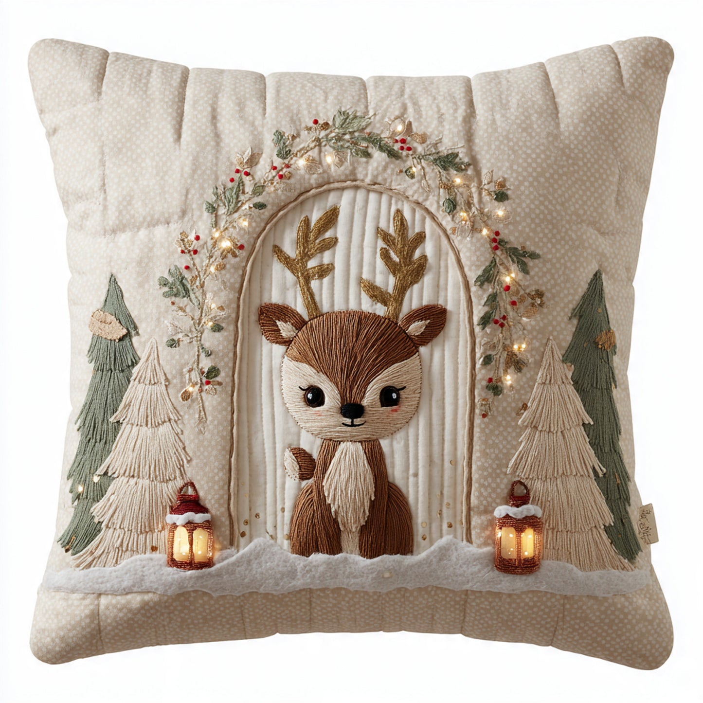 Woodland Baby Reindeer Lantern Scene Pillow — Embroidered Winter Cabin Decor