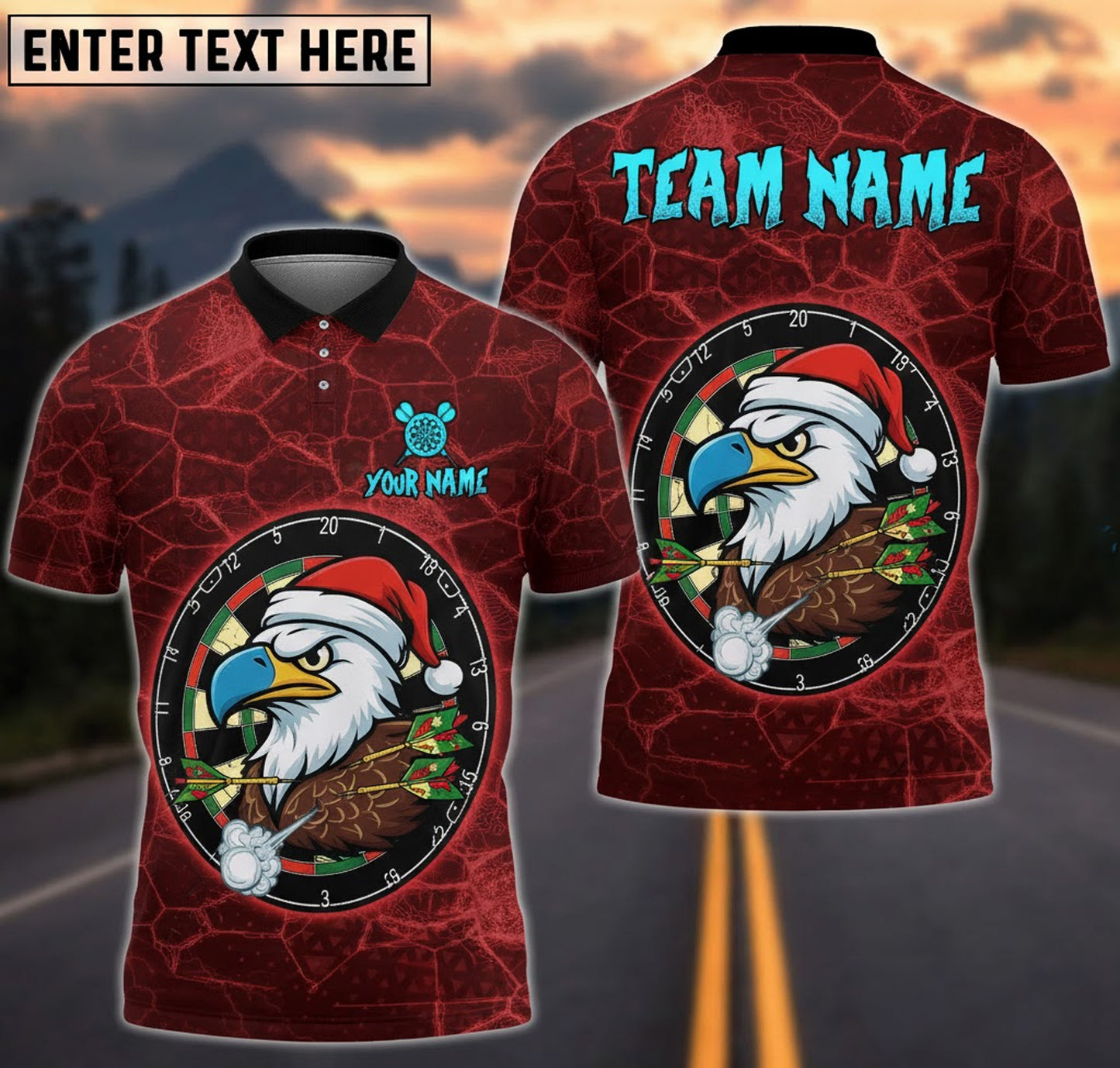 Christmas Eagle Dartboard Polo — Red Cracked Texture — Custom Name & Team