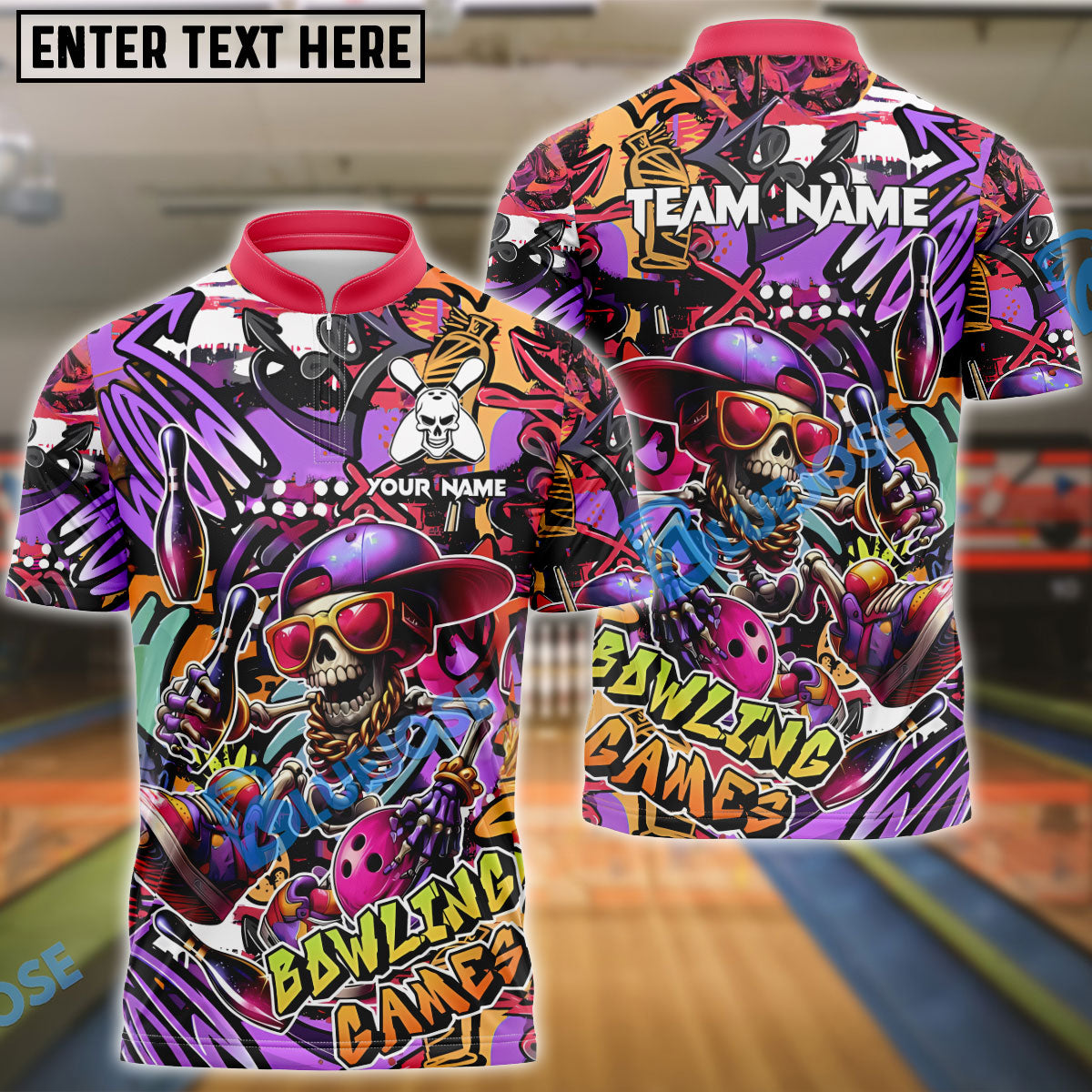 Bowling Funny Skull Colorful Graffiti Personalized Name, Team Name 3D Shirt (4 Colors)