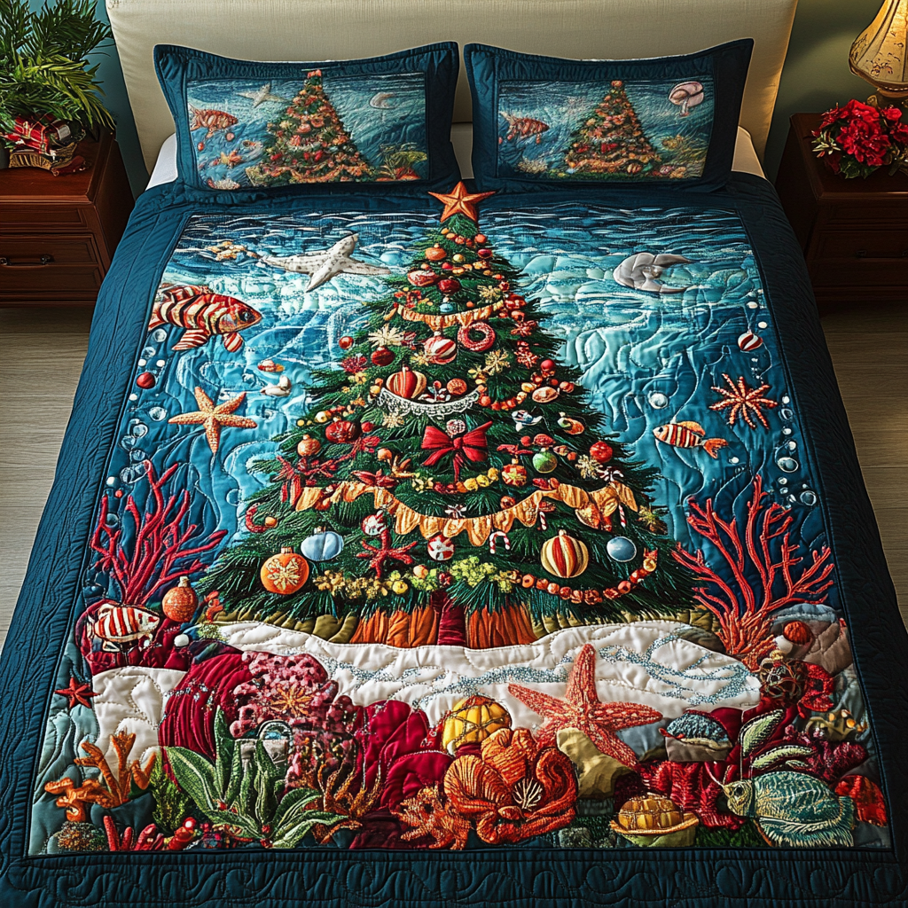 Aqua Tree 3-Piece Quilted Bedding Set