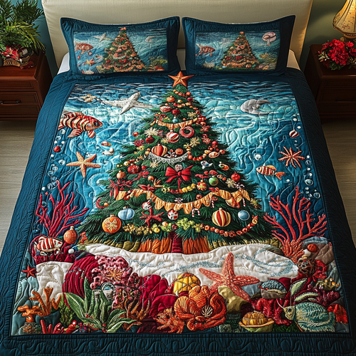 Aqua Tree 3-Piece Quilted Bedding Set