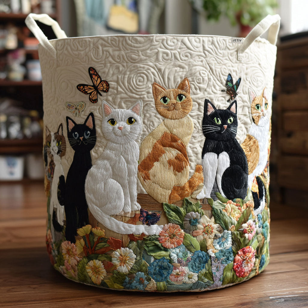Blooming Cat Quilted Laundry Basket