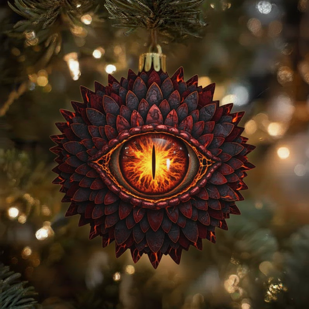 Inferno Dragon Eye Ornament — Charred Crimson Petal Wreath — Dark Holiday Decor