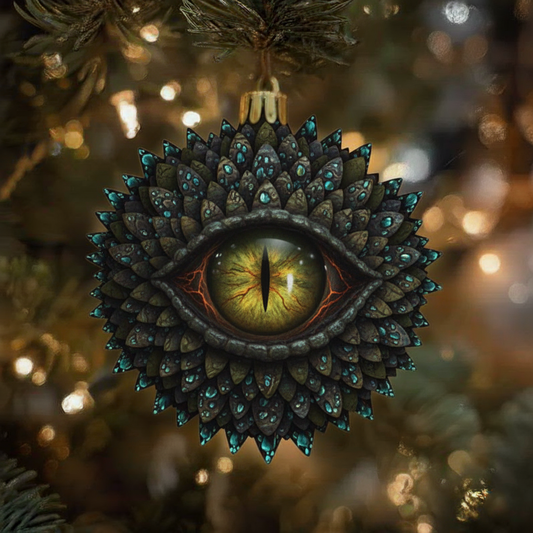 Mossstone Dragon Eye Ornament — Olive Scales with Teal Droplets — Enchanted Christmas Bauble