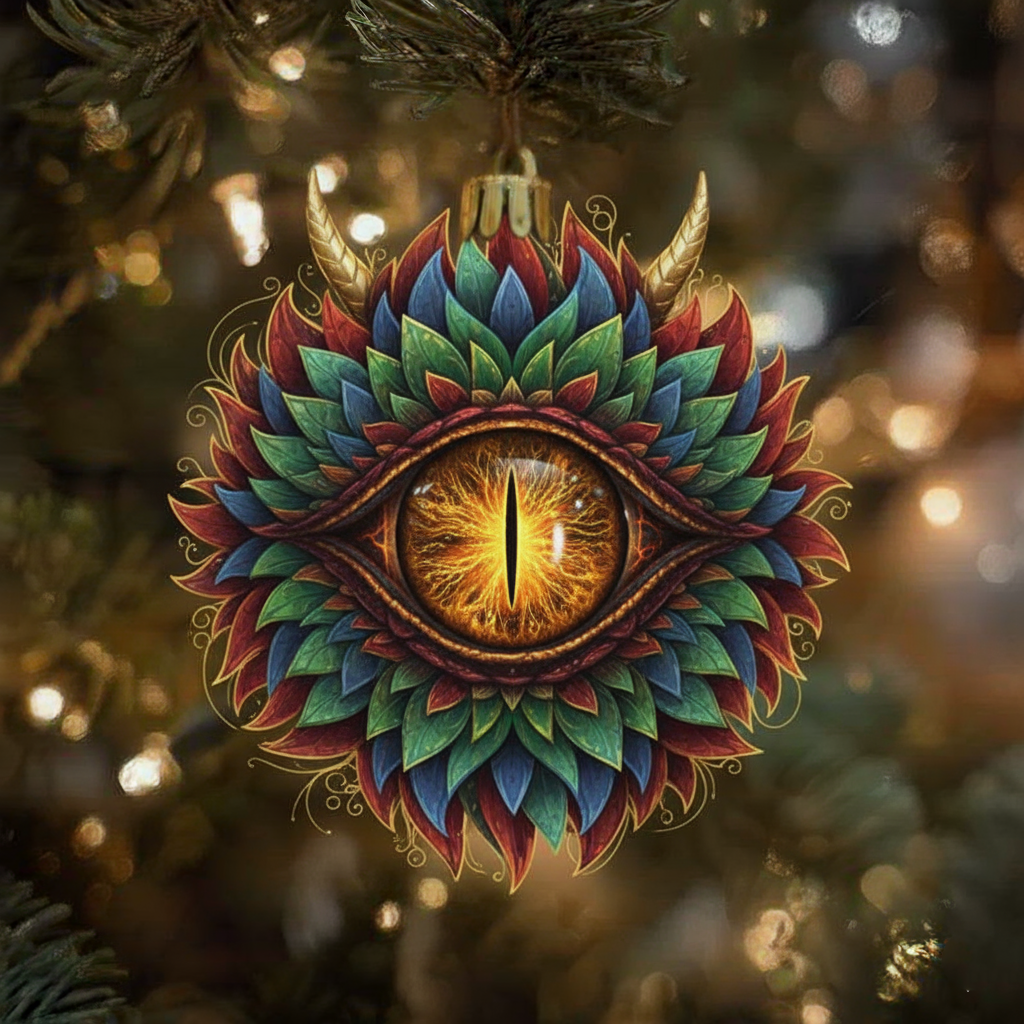 Mystic Dragon Eye Ornament — Multicolor Petal Wreath with Horns — Fantasy Christmas Bauble