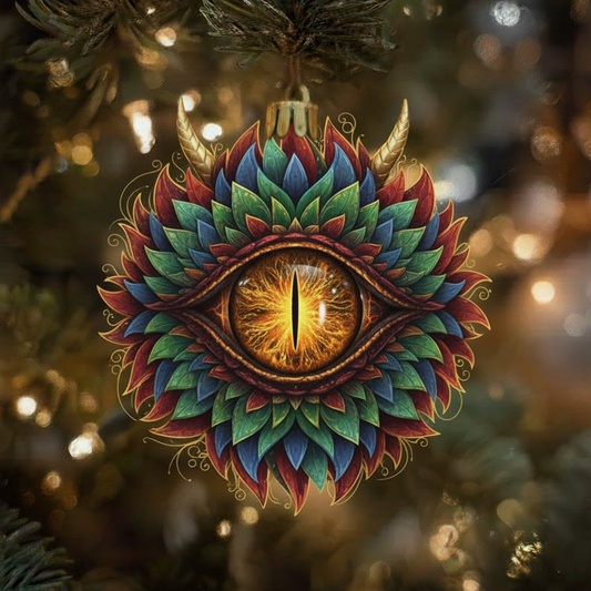 Mystic Dragon Eye Ornament — Multicolor Petal Wreath with Horns — Fantasy Christmas Bauble