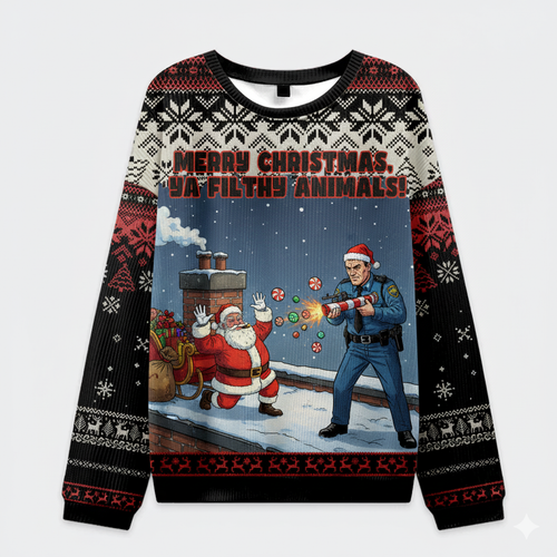 π
 Merry Christmas Ya Filthy Animals Sweater β Funny Santa vs Cop Ugly Christmas Jumper
