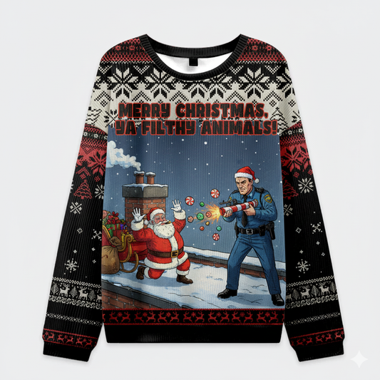 🎅 Merry Christmas Ya Filthy Animals Sweater – Funny Santa vs Cop Ugly Christmas Jumper