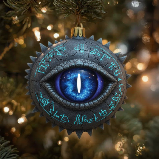 Arcane Rune Dragon Eye Ornament — Stone Sphere with Glowing Sigils — Wizard Holiday Bauble