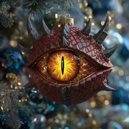 Inferno Dragon Eye Ornament — Red Scales & Horned Spikes — Fantasy Christmas Bauble