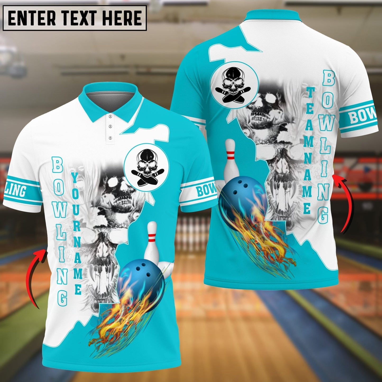Bowling Ball Flame Skull Pattern Premium Customized Name 3D Shirt