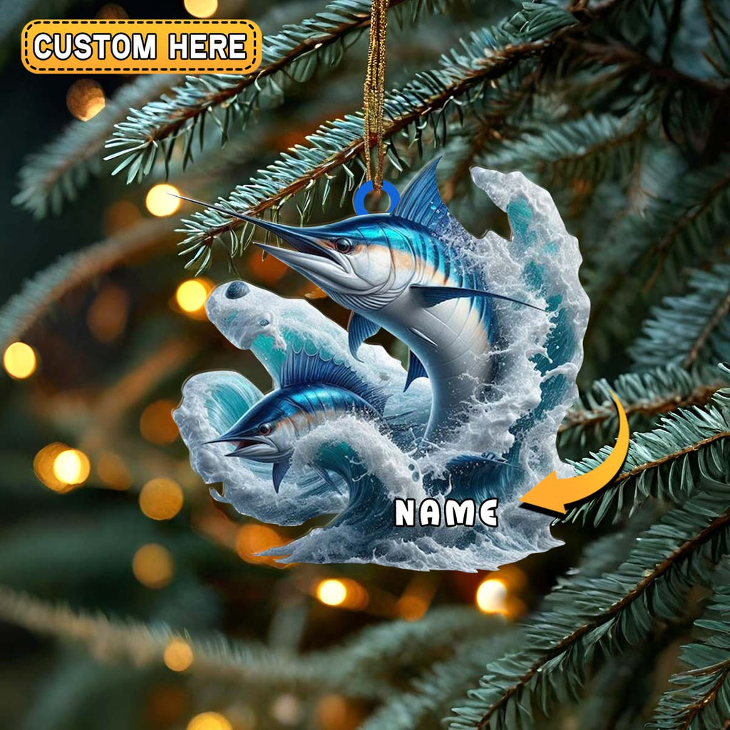 Personalized Marlin Fishing Double Jump Wave Christmas 3D Ornament, Custom Holiday Tree Decor, Perfect Gift for Fishermen