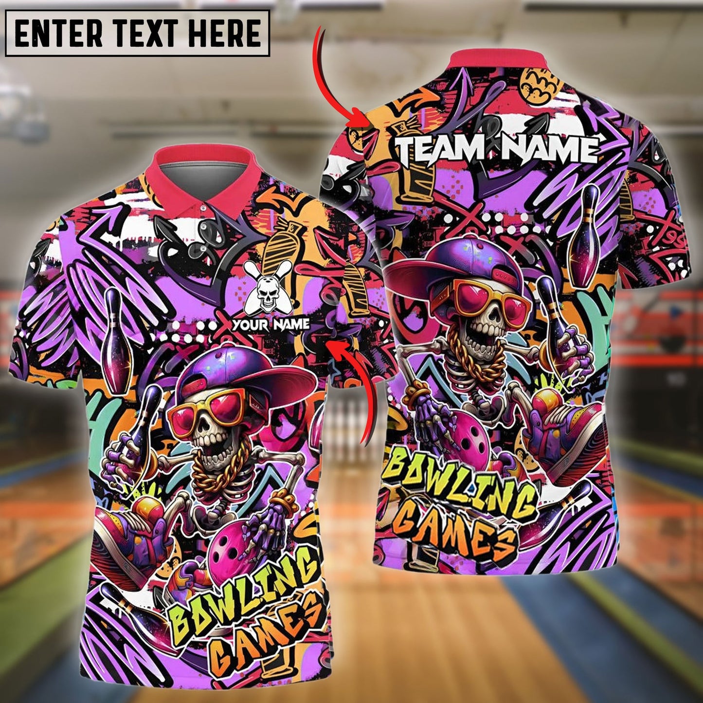 Bowling Funny Skull Colorful Graffiti Personalized Name, Team Name 3D Shirt (4 Colors)