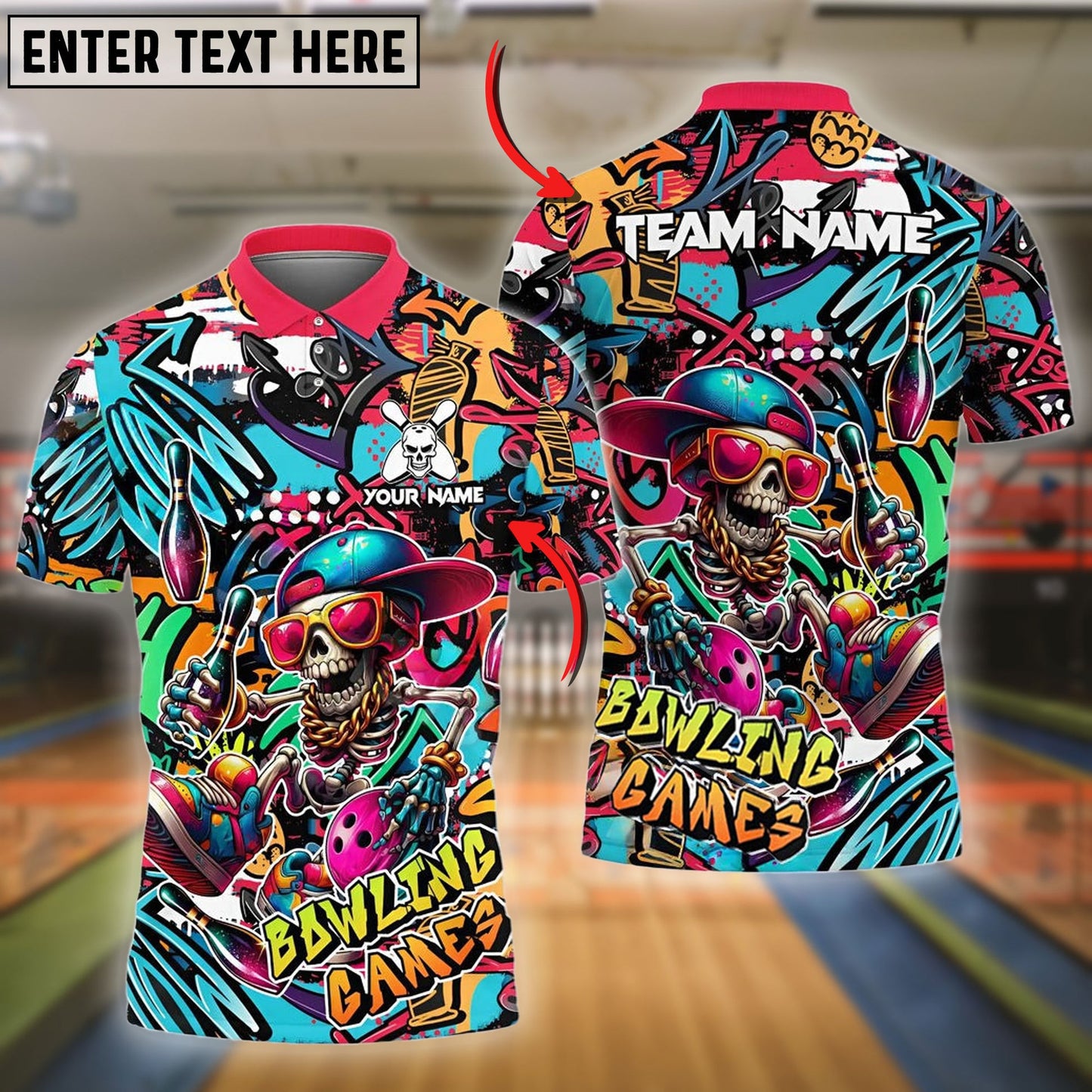 Bowling Funny Skull Colorful Graffiti Personalized Name, Team Name 3D Shirt (4 Colors)