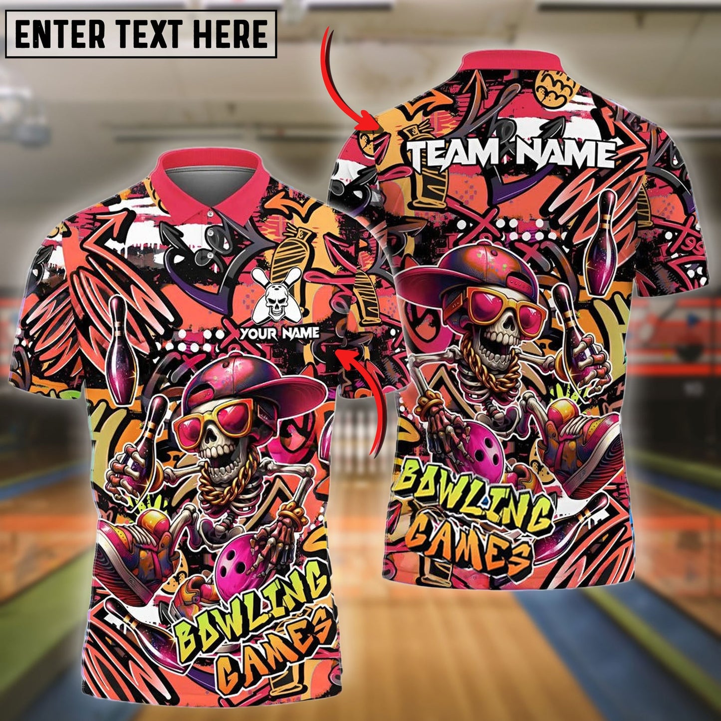 Bowling Funny Skull Colorful Graffiti Personalized Name, Team Name 3D Shirt (4 Colors)