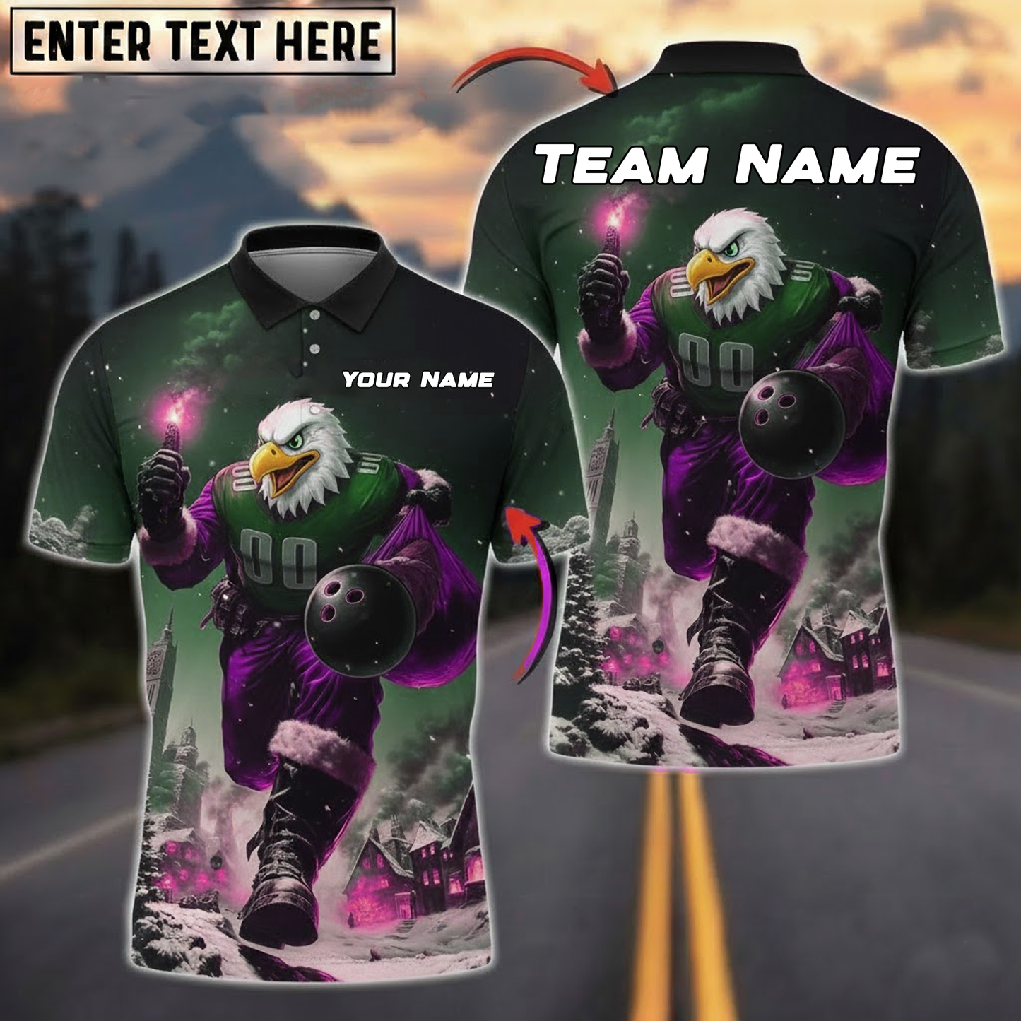 Midnight Eagle Santa Bowling Polo — Snowy City Glow — Personalized Team Jersey