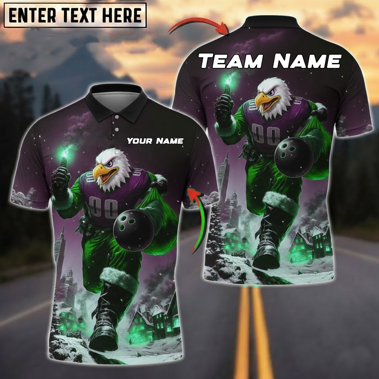 Midnight Eagle Santa Bowling Polo — Snowy City Glow — Personalized Team Jersey