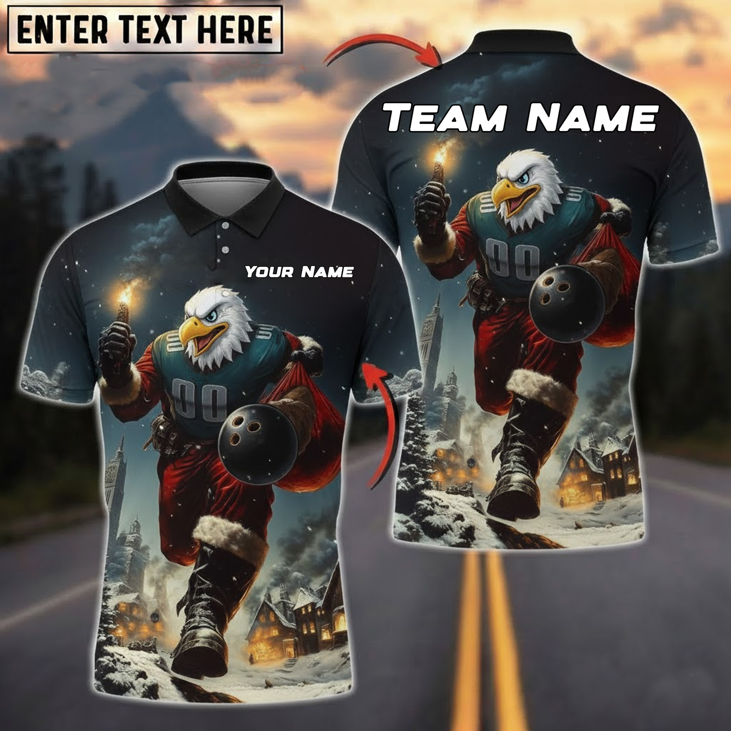 Midnight Eagle Santa Bowling Polo — Snowy City Glow — Personalized Team Jersey