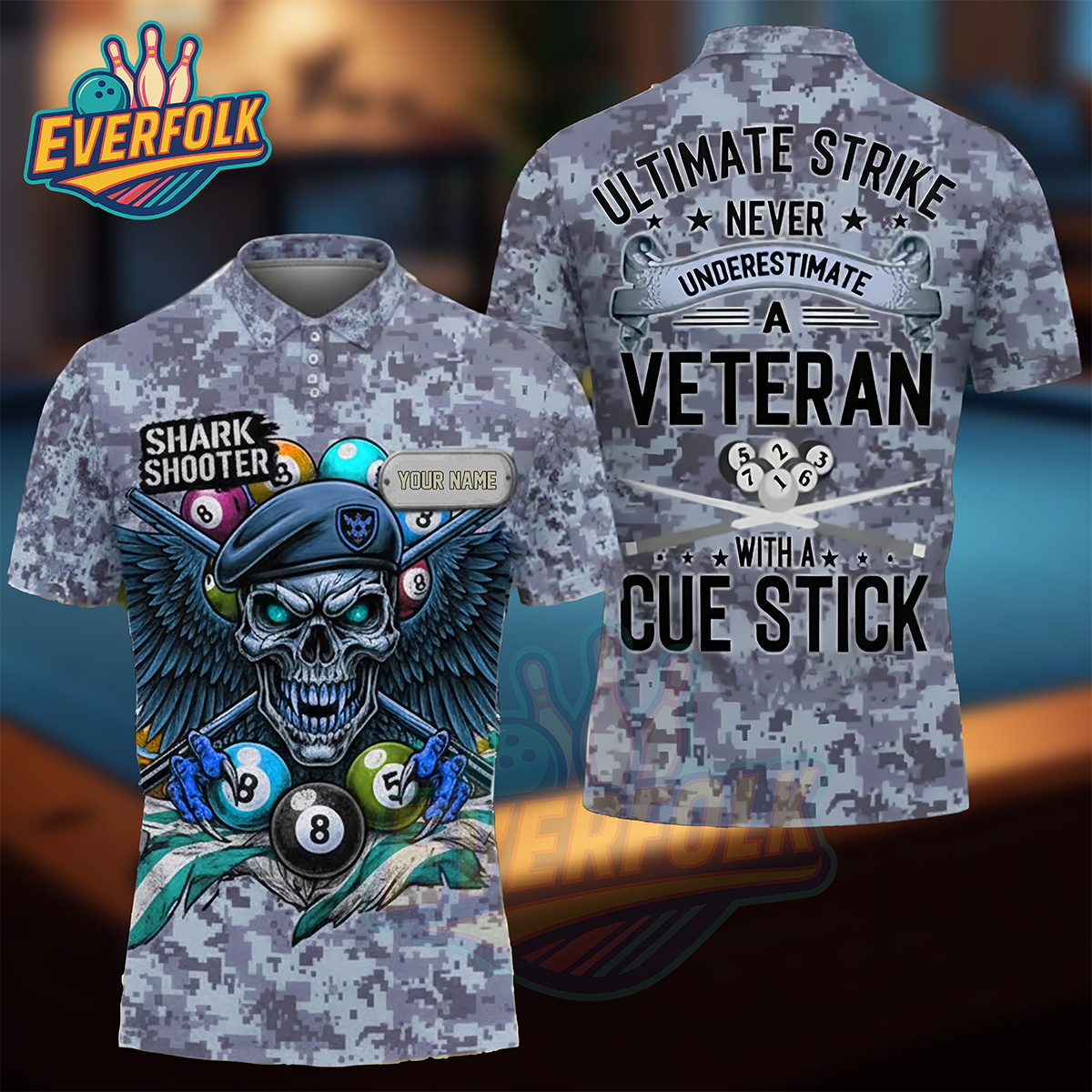Ultimate Strike – Veteran Shark Shooter Camo Polo for Billiards Lovers