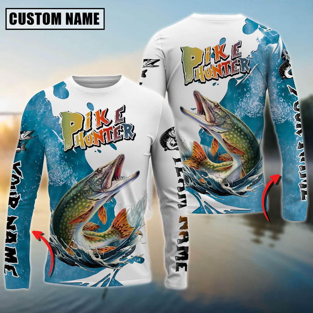 Pike Hunter Fishing Graphic Splash Effect Custom Name & Team Name 3D Shirts