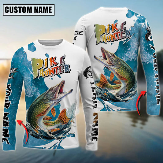 Pike Hunter Fishing Graphic Splash Effect Custom Name & Team Name 3D Shirts