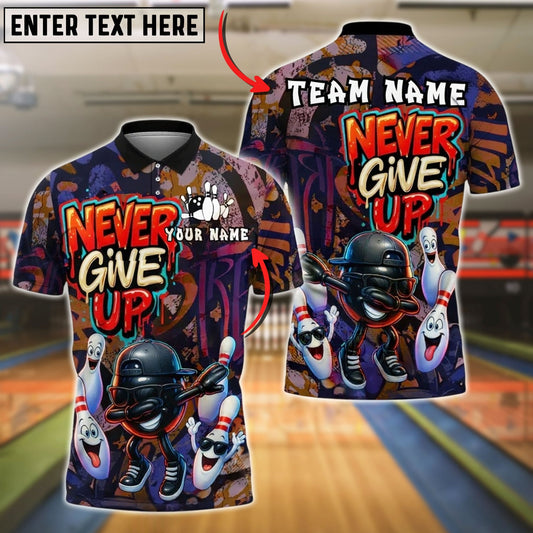 Bowling And Pins Graffiti Never Give Up Dab Customized Name, Team Name 3D Shirt (4 Colors)