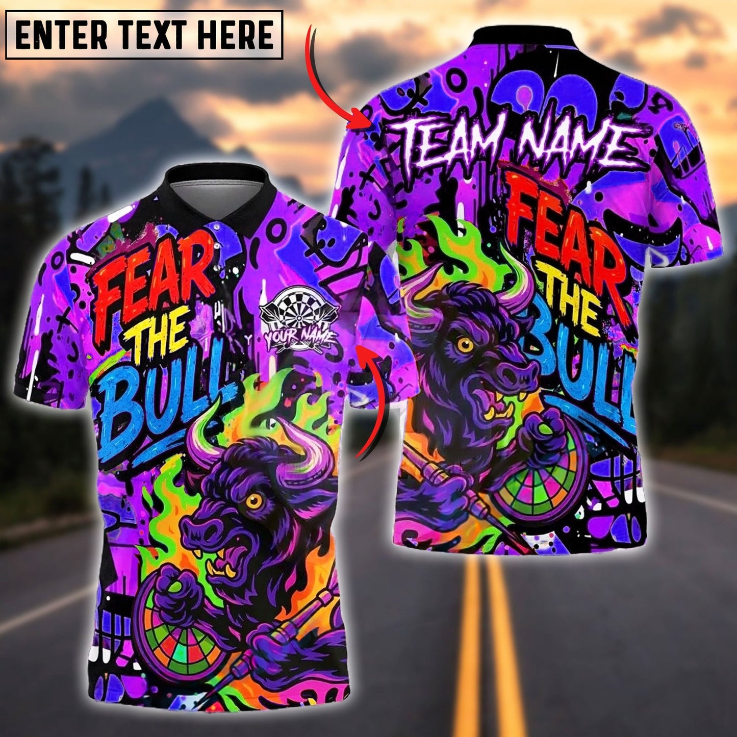 Darts Fear The Bull Graffiti Style Customized Name, Team Name 3D Shirt (4 Colors)