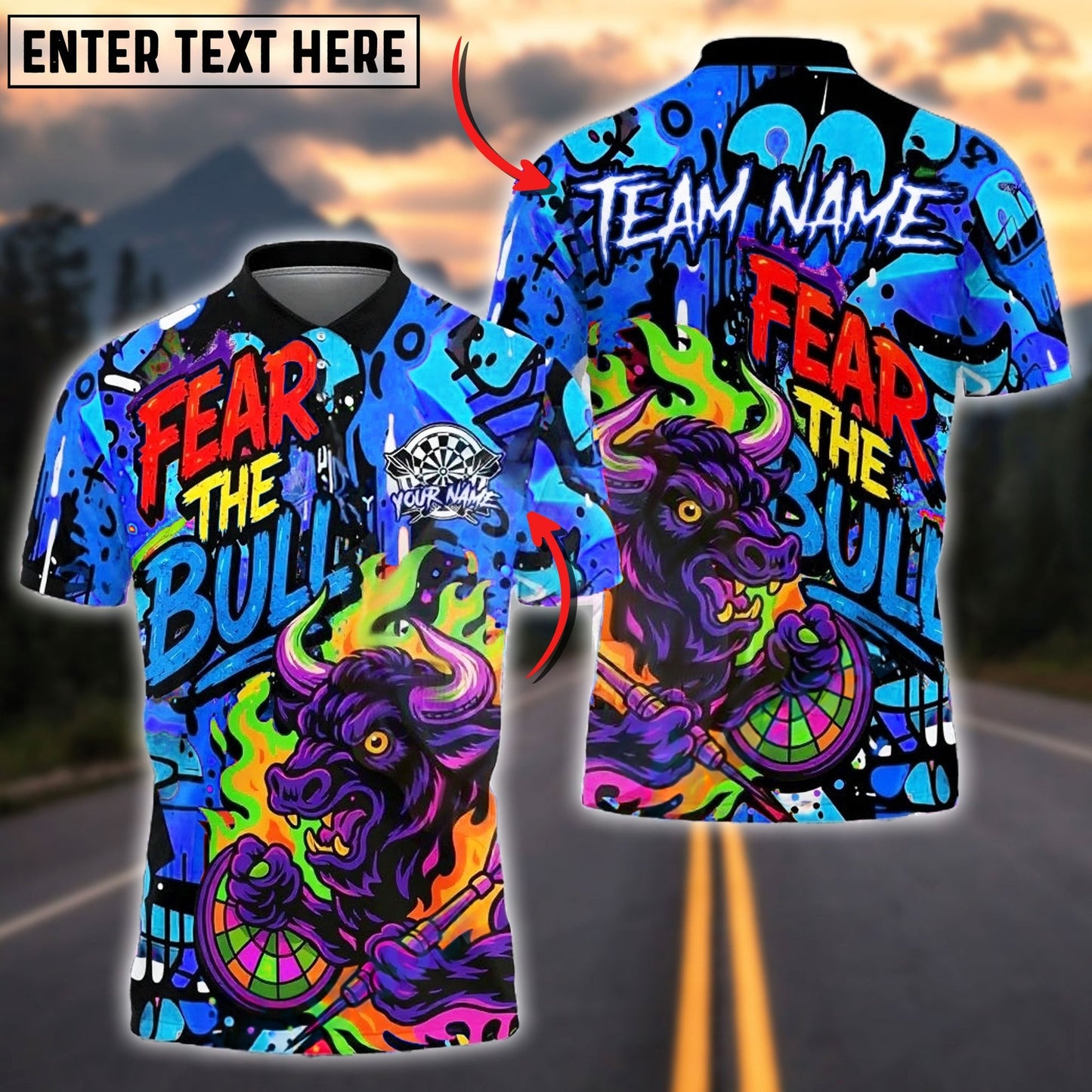 Darts Fear The Bull Graffiti Style Customized Name, Team Name 3D Shirt (4 Colors)