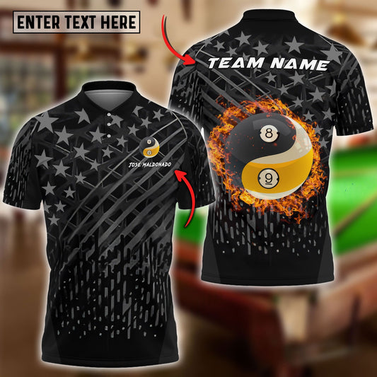 Billiards Ball 8 & 9 Fire Black US Flag Customized Name, Team Name 3D Shirt