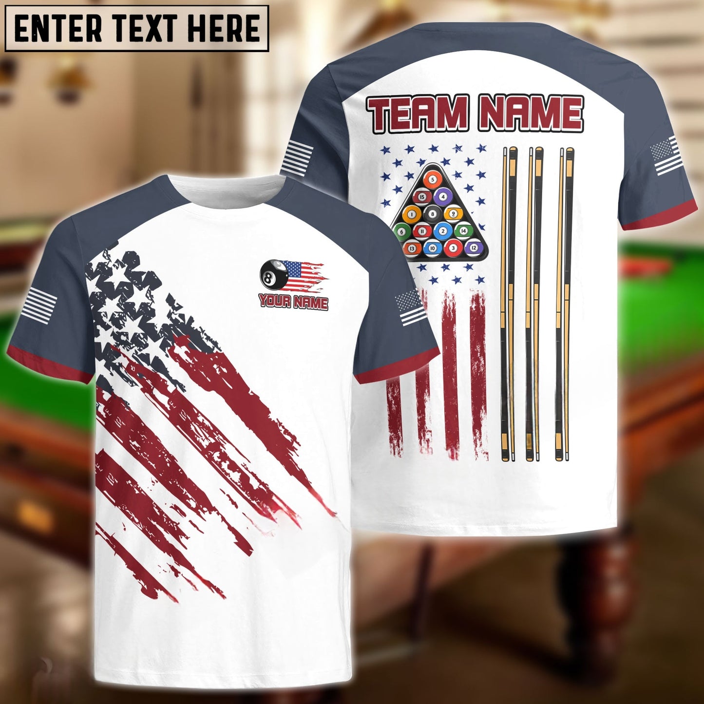 Billiards Ball 8 US Flag Champion Pattern Personalized Name, Team Name Unisex Shirt