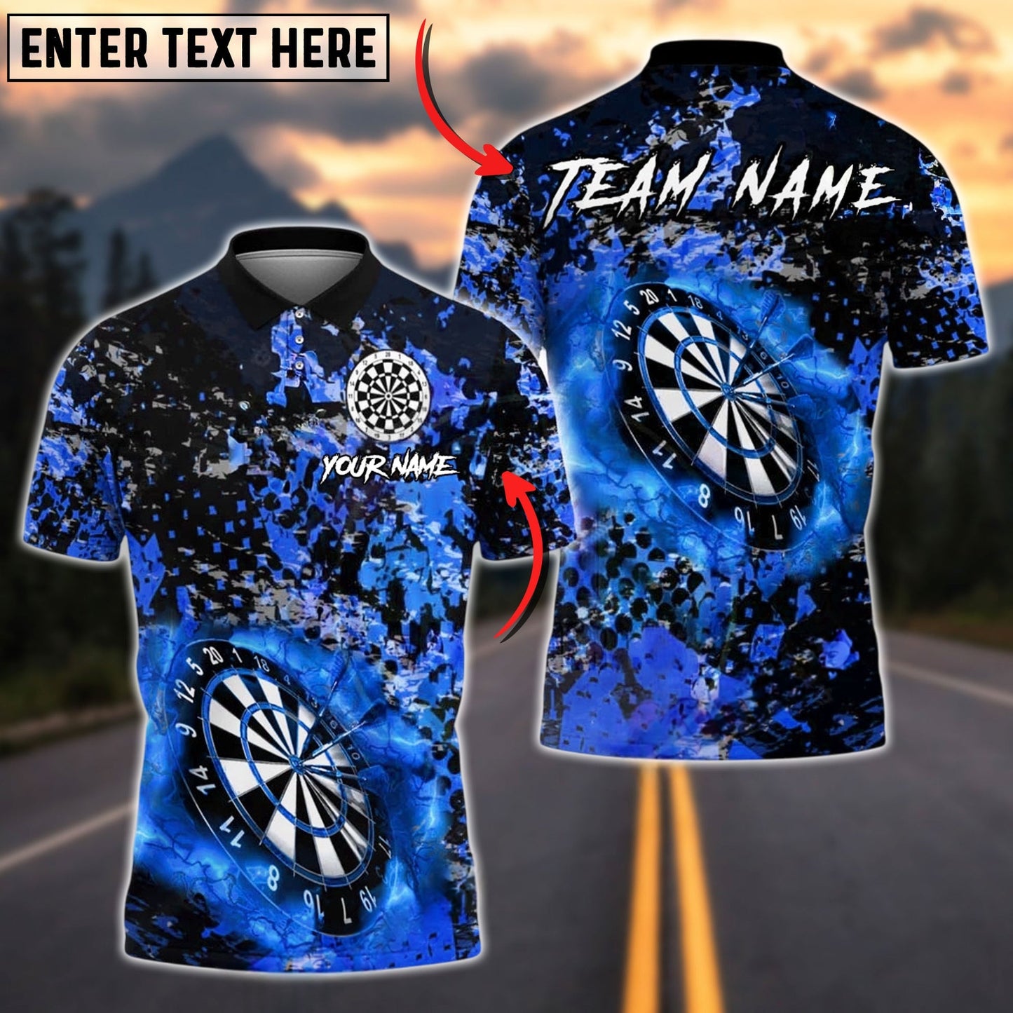 Darts Black Grunge Dartboard Personalized Name, Team Name Unisex Shirt (4 Colors)