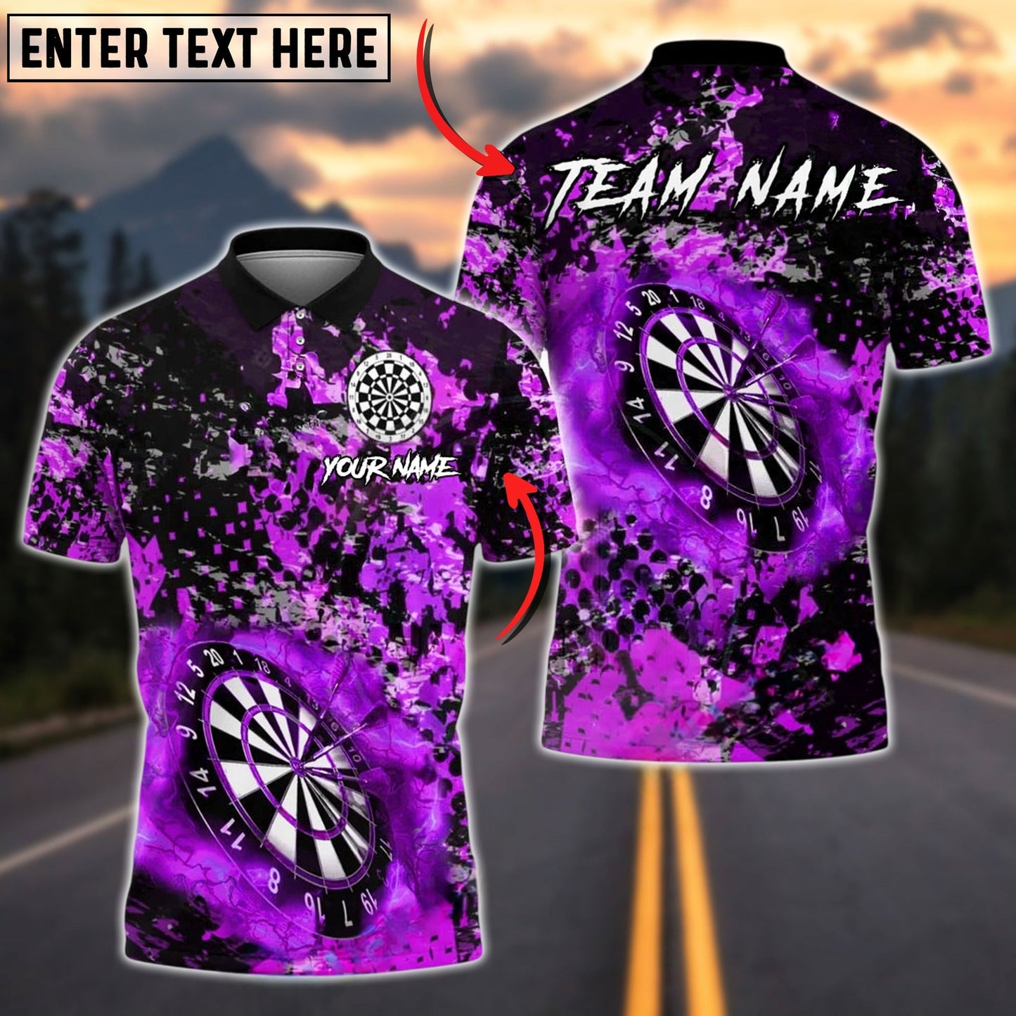 Darts Black Grunge Dartboard Personalized Name, Team Name Unisex Shirt (4 Colors)