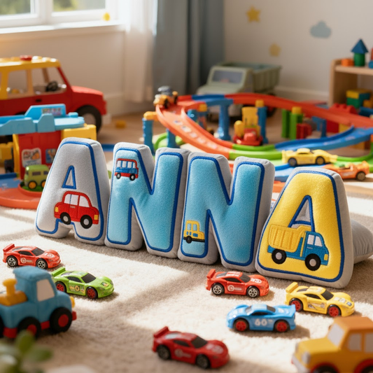 🚗 Car Themed Kids Name Pillow – Personalized Plush Letters for Toddler Room Decor