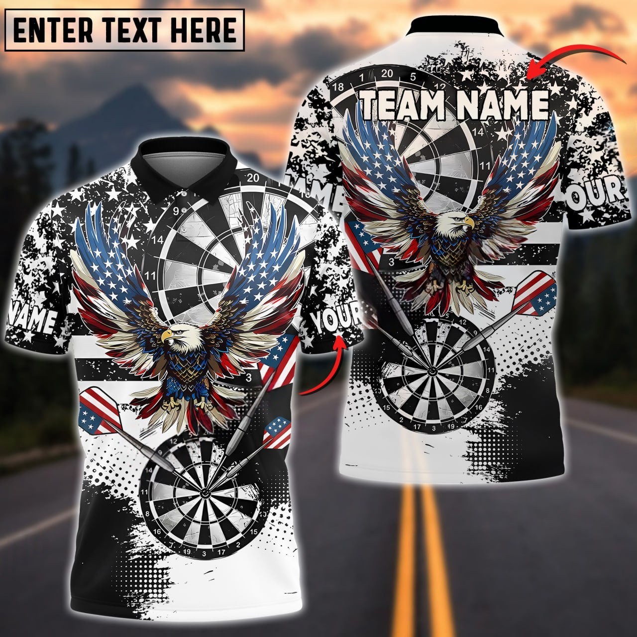 Darts Grunge Eagle American Flag Black White Personalized Name, Team Name Shirt