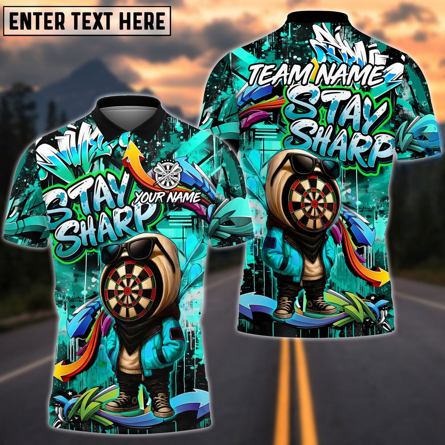 Darts Graffiti Character Stay Sharp Personalized Name, Team Name Unisex Shirt (4 Colors)