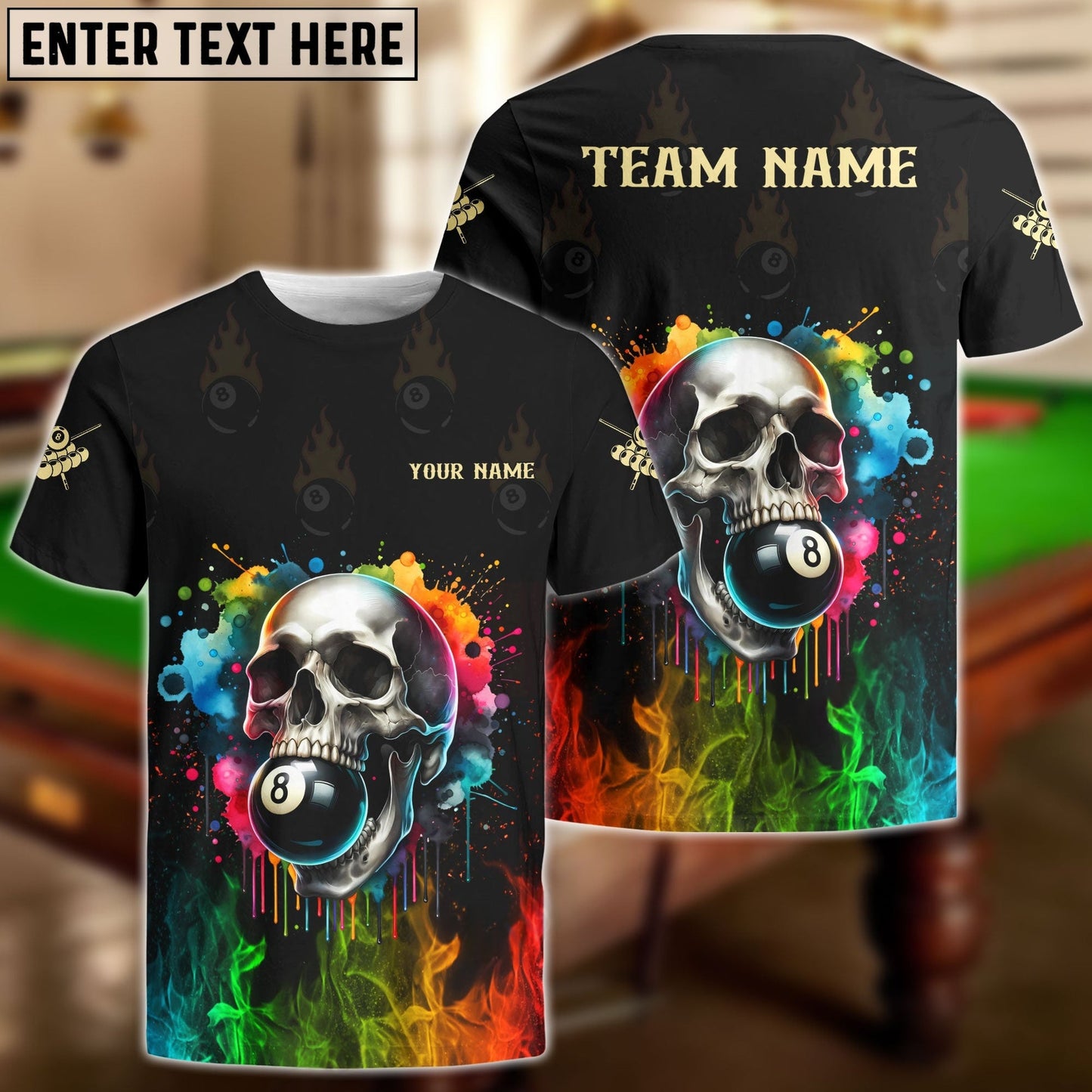 Billiards Colorful Skull Personalized Name, Team Name Unisex Shirt