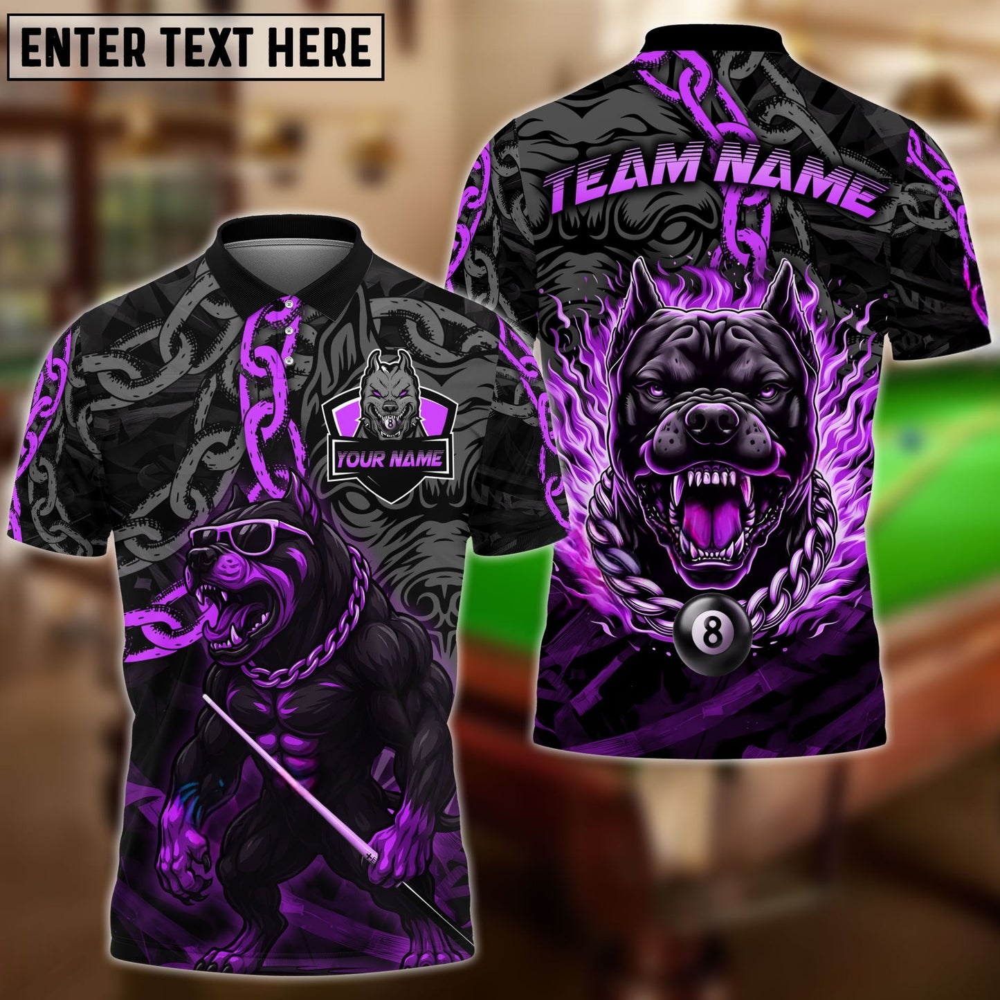 Billiards 8-Ball Pitbull Flame Chain Personalized Name Shirt