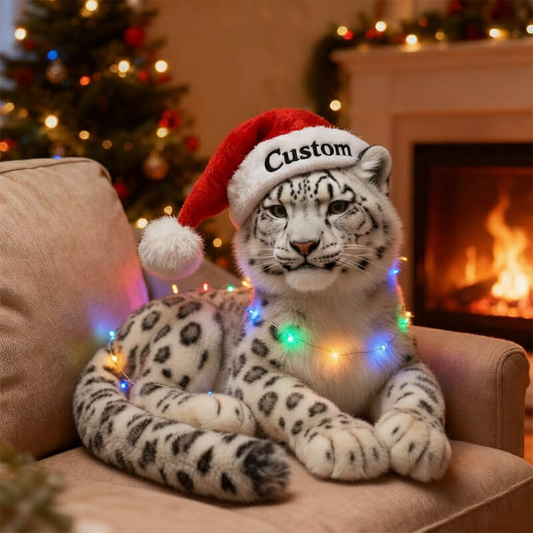 🐆 Snow Leopard Plush Toy – Custom Christmas Animal with Santa Hat & Lights