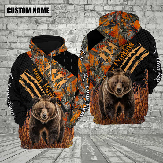 Customized Name Bear Hunting Orange Camo 3D Shirt