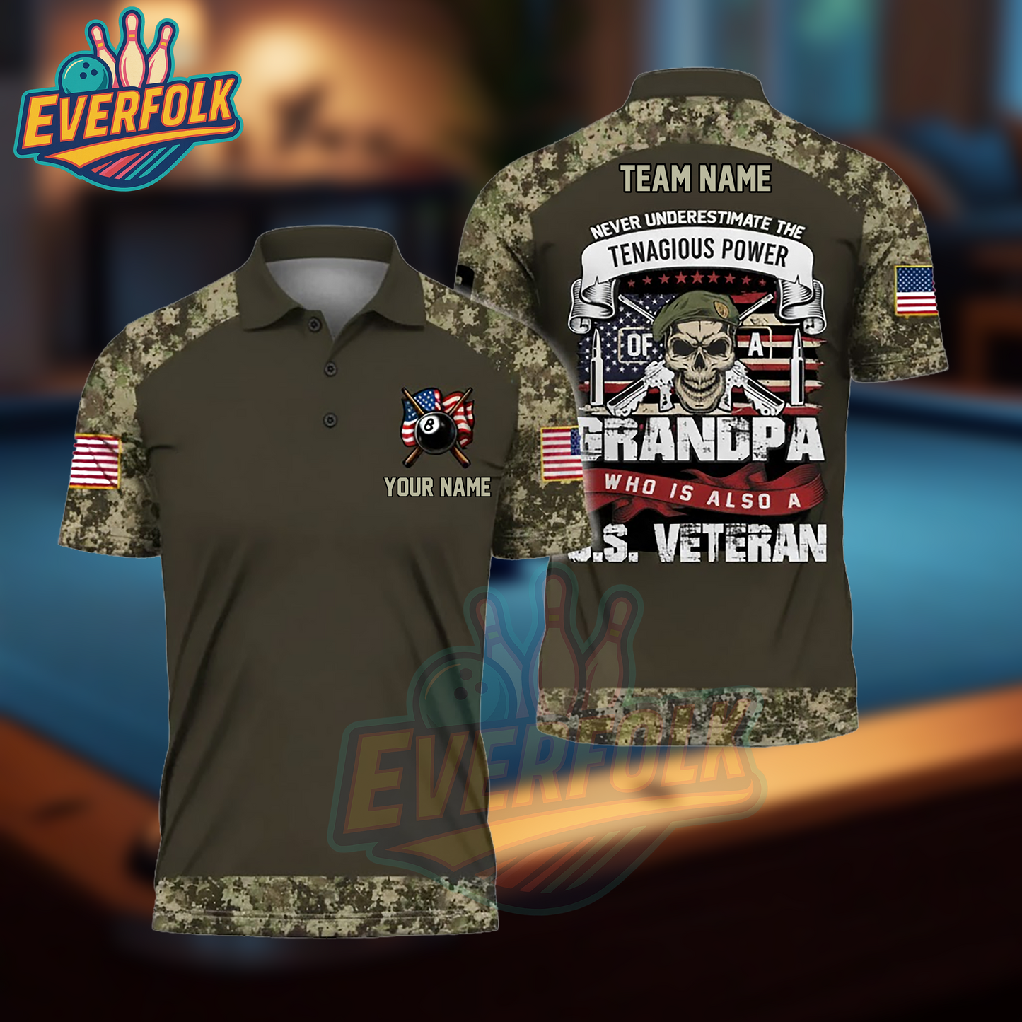 Never Underestimate a Grandpa Who Is Also a U.S. Veteran – Patriotic Billiards Camo Polo Shirt