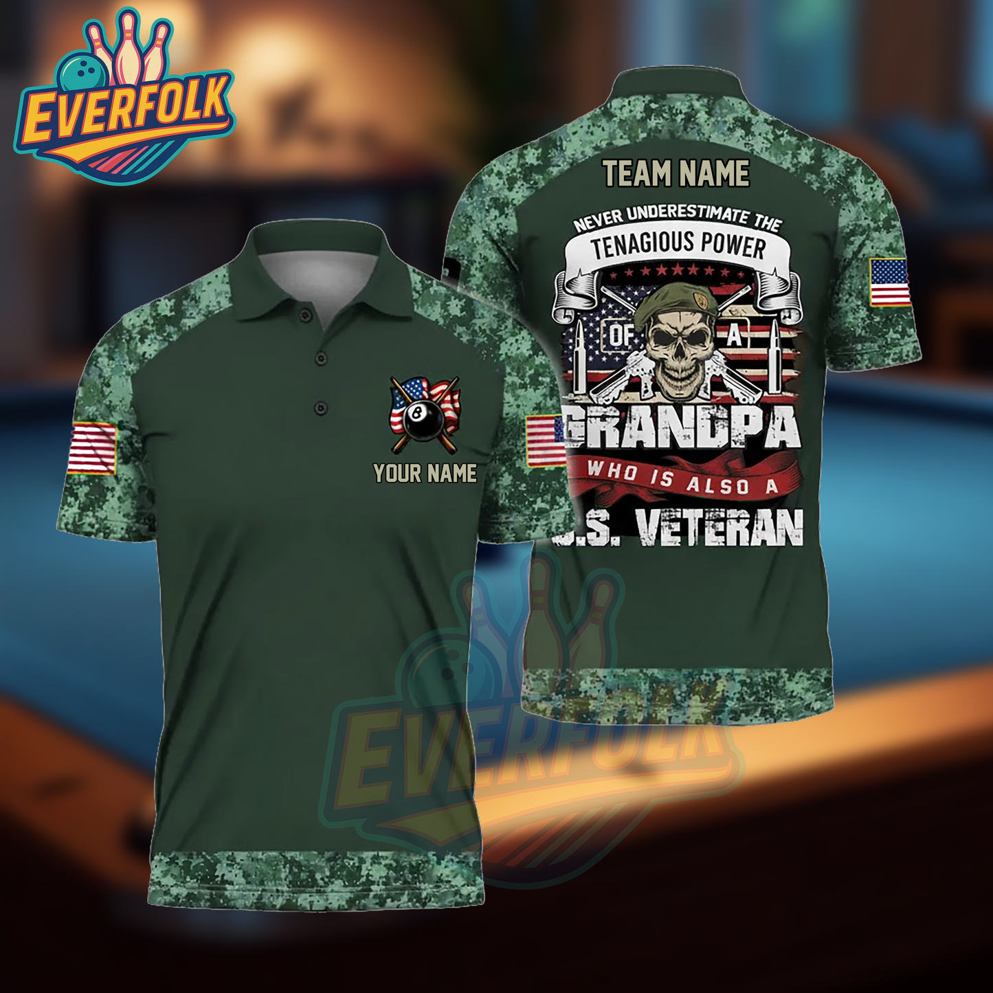 Never Underestimate a Grandpa Who Is Also a U.S. Veteran – Patriotic Billiards Camo Polo Shirt