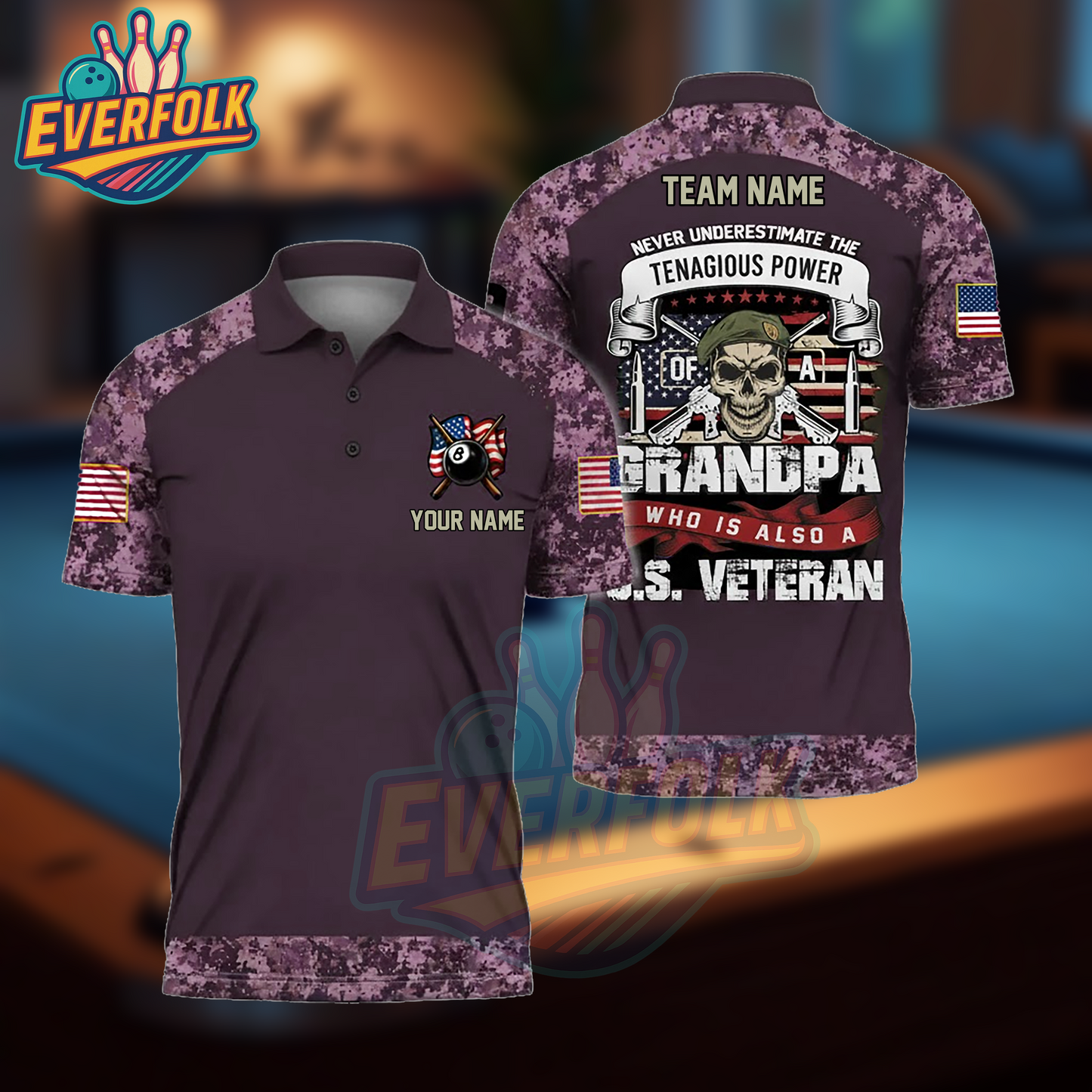 Never Underestimate a Grandpa Who Is Also a U.S. Veteran – Patriotic Billiards Camo Polo Shirt