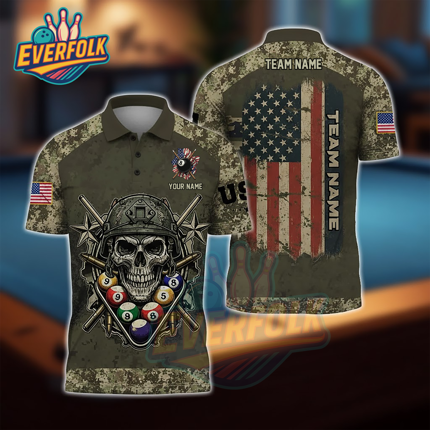 Proud U.S. Veteran Billiards Polo – American Flag Skull Team Shirt