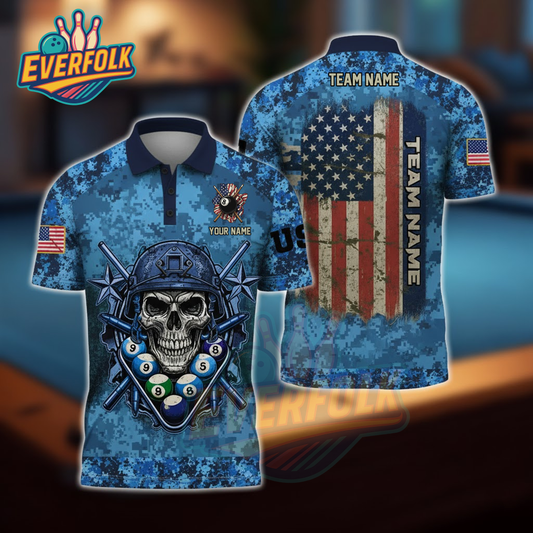 Proud U.S. Veteran Billiards Polo – American Flag Skull Team Shirt