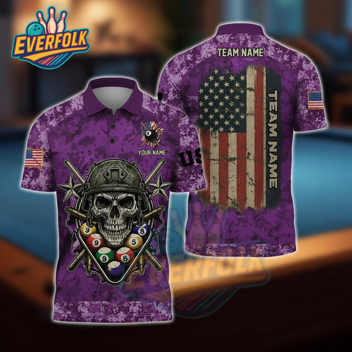 Proud U.S. Veteran Billiards Polo – American Flag Skull Team Shirt