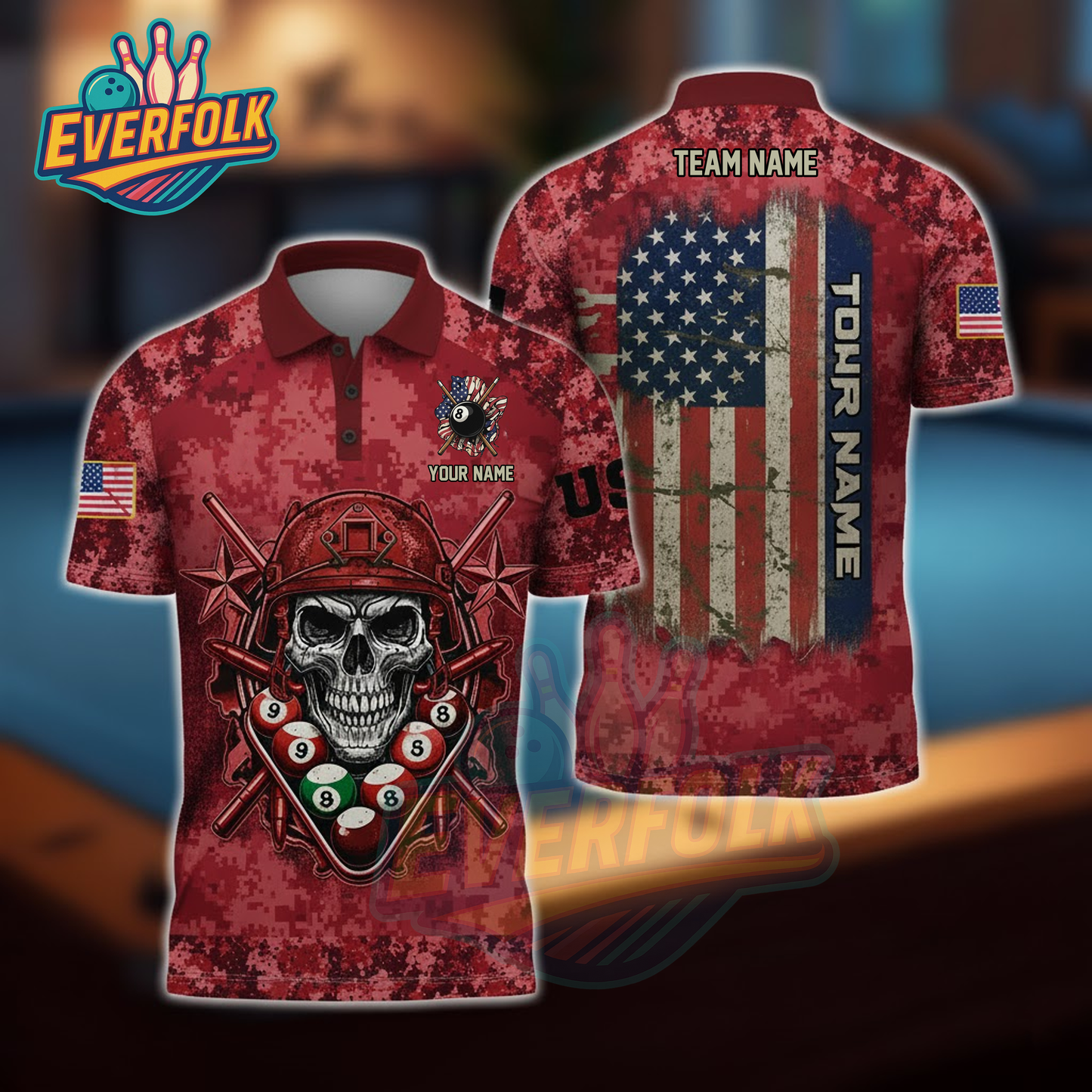Proud U.S. Veteran Billiards Polo – American Flag Skull Team Shirt