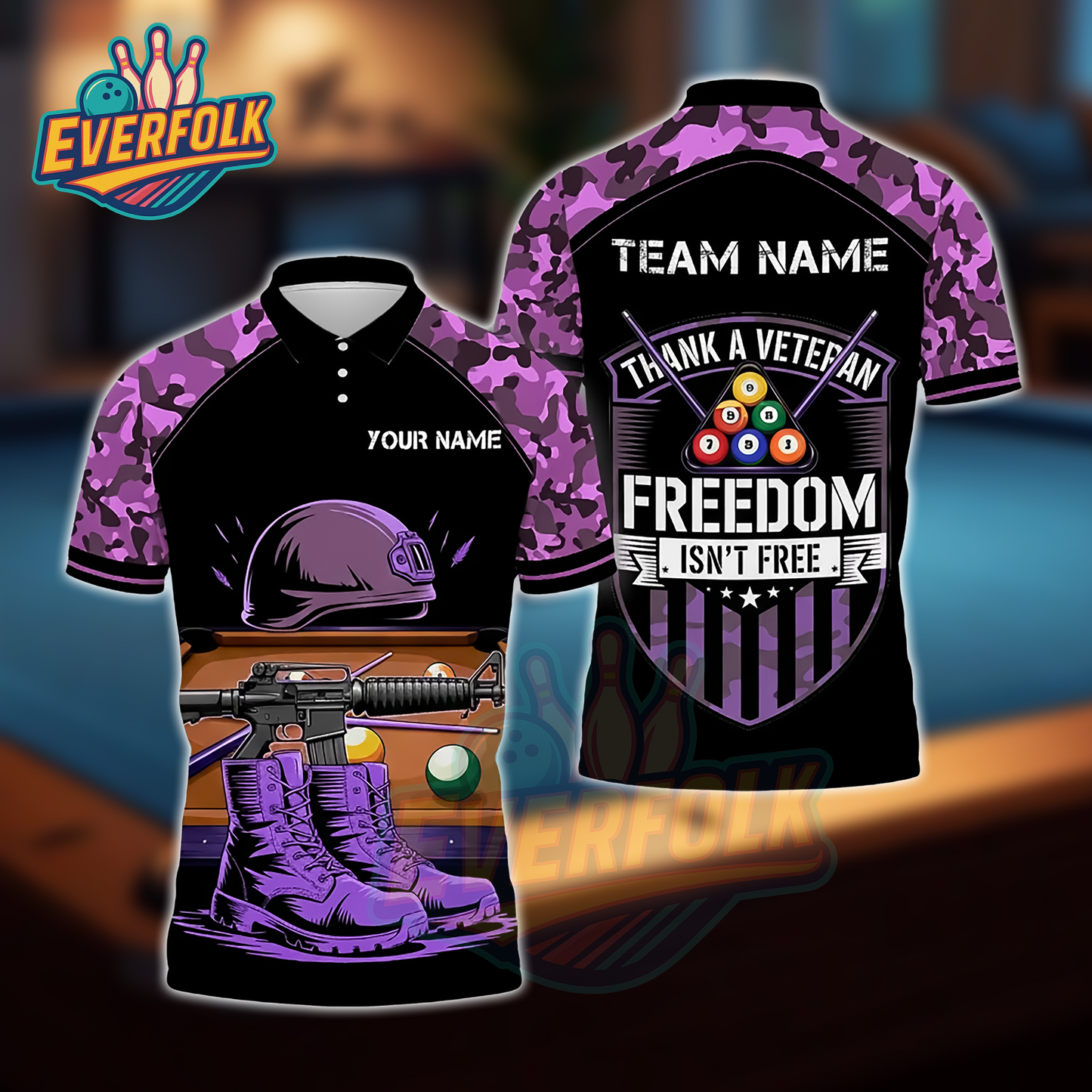 Thank a Veteran – Freedom Isn’t Free Camo Billiards Polo Shirt