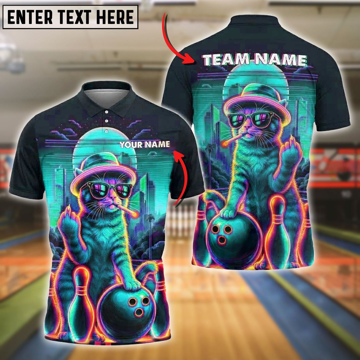 Bowling And Pins Cat Neon Style Customized Name, Team Name 3D Shirt (4 Colors)