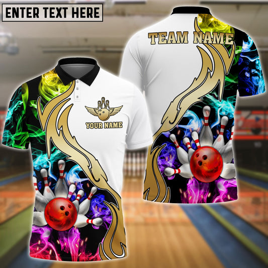 Bowling And Pins White Multicolor Golden Smoke Pattern Personalized Name, Team Name Shirt
