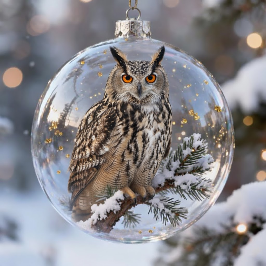 🦉 Great Horned Owl Christmas Ornament – Mystical Forest Bird Glass Ornament
